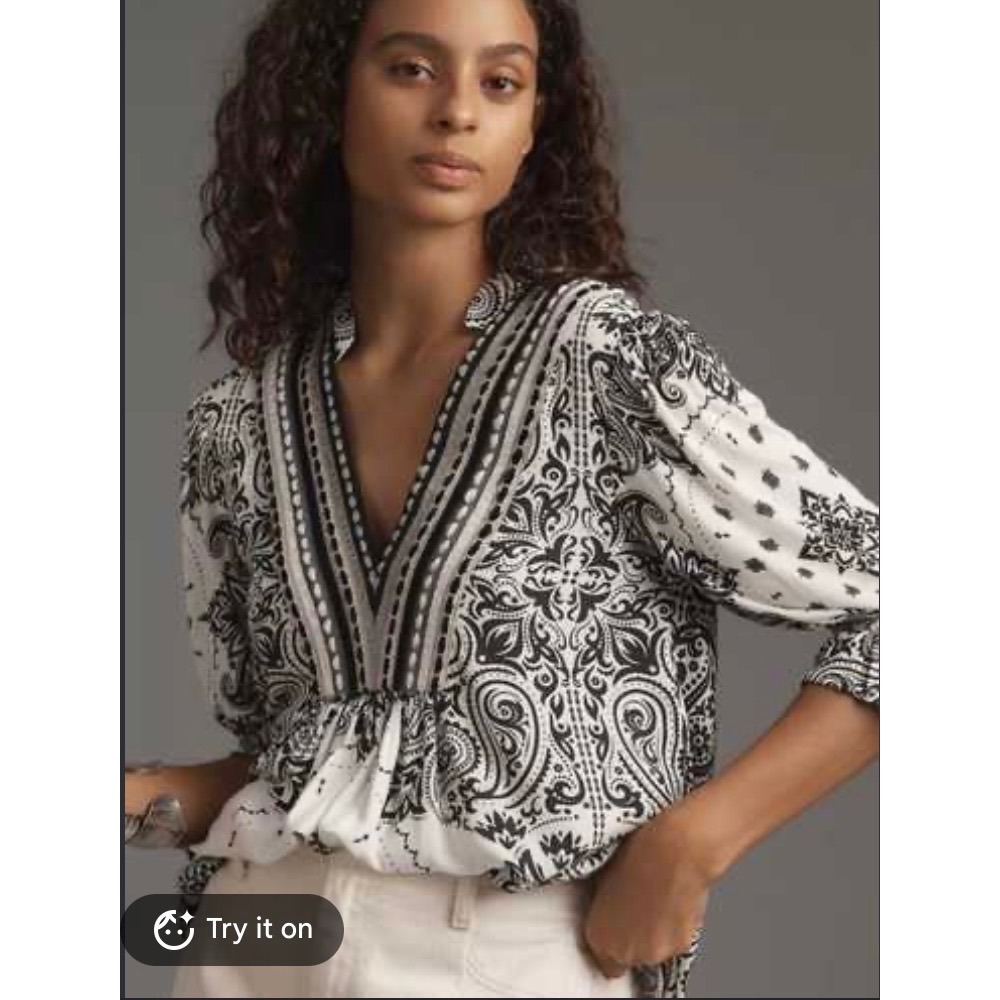 Anthropologie Bl-nk London Stephanie Paisley Embroidered V-Neck Tunic Top M